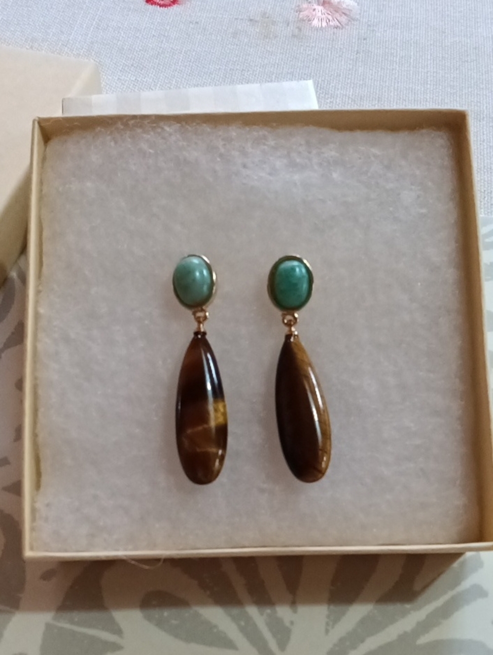 Green and Brown Drop Earrings - Polished Stone Dangle